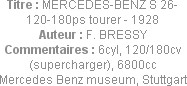 Titre : MERCEDES-BENZ S 26-120-180ps tourer - 1928
Auteur : F. BRESSY
Commentaires : 6cyl, 120/18...