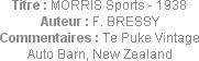 Titre : MORRIS Sports - 1938
Auteur : F. BRESSY
Commentaires : Te Puke Vintage Auto Barn, New Zea...
