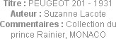 Titre : PEUGEOT 201 - 1931
Auteur : Suzanne Lacote
Commentaires : Collection du prince Rainier, M...