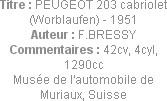 Titre : PEUGEOT 203 cabriolet (Worblaufen) - 1951
Auteur : F.BRESSY
Commentaires : 42cv, 4cyl, 12...