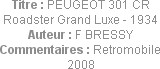 Titre : PEUGEOT 301 CR Roadster Grand Luxe - 1934
Auteur : F BRESSY
Commentaires : Retromobile 20...