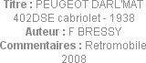 Titre : PEUGEOT DARL'MAT 402DSE cabriolet - 1938
Auteur : F BRESSY
Commentaires : Retromobile 2008