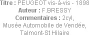 Titre : PEUGEOT vis-à-vis - 1898
Auteur : F.BRESSY
Commentaires : 2cyl,
Musée Automobile de Vend...