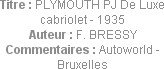 Titre : PLYMOUTH PJ De Luxe cabriolet - 1935
Auteur : F. BRESSY
Commentaires : Autoworld - Bruxel...
