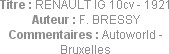 Titre : RENAULT IG 10cv - 1921
Auteur : F. BRESSY
Commentaires : Autoworld - Bruxelles