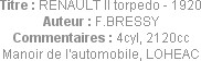 Titre : RENAULT II torpedo - 1920
Auteur : F.BRESSY
Commentaires : 4cyl, 2120cc
Manoir de l'auto...