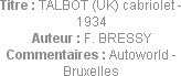 Titre : TALBOT (UK) cabriolet - 1934
Auteur : F. BRESSY
Commentaires : Autoworld - Bruxelles