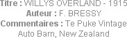 Titre : WILLYS OVERLAND - 1915
Auteur : F. BRESSY
Commentaires : Te Puke Vintage Auto Barn, New Z...