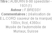 Titre : AUBURN 8-98 speedster - 1931(1)
Auteur : F.BRESSY
Commentaires : (réalisation de E.L.CORD...