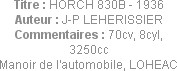 Titre : HORCH 830B - 1936
Auteur : J-P LEHERISSIER
Commentaires : 70cv, 8cyl, 3250cc
Manoir de l...
