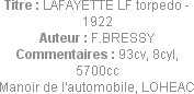 Titre : LAFAYETTE LF torpedo - 1922
Auteur : F.BRESSY
Commentaires : 93cv, 8cyl, 5700cc
Manoir d...