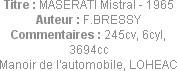 Titre : MASERATI Mistral - 1965
Auteur : F.BRESSY
Commentaires : 245cv, 6cyl, 3694cc
Manoir de l...