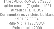 Titre : ALFA ROMEO 8C2300 spider course (Zagato) - 1931
Auteur : F. BRESSY
Commentaires : victoir...